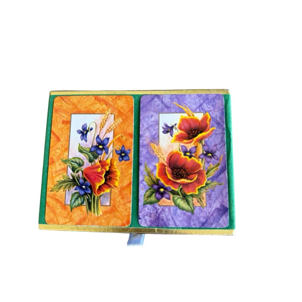 Vintage Congress Playing Cards Double Deck Set Floral Poppies Spain Green Box